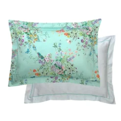 Taie d'oreiller satin de coton 115 g/m² imprimé bleu vert Le printemps azur