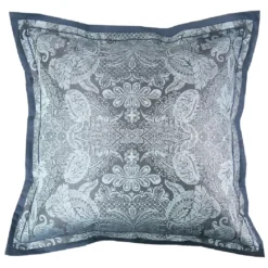 Taie d'oreiller satin de coton motif jacquard bleu Isaphire diamant noir