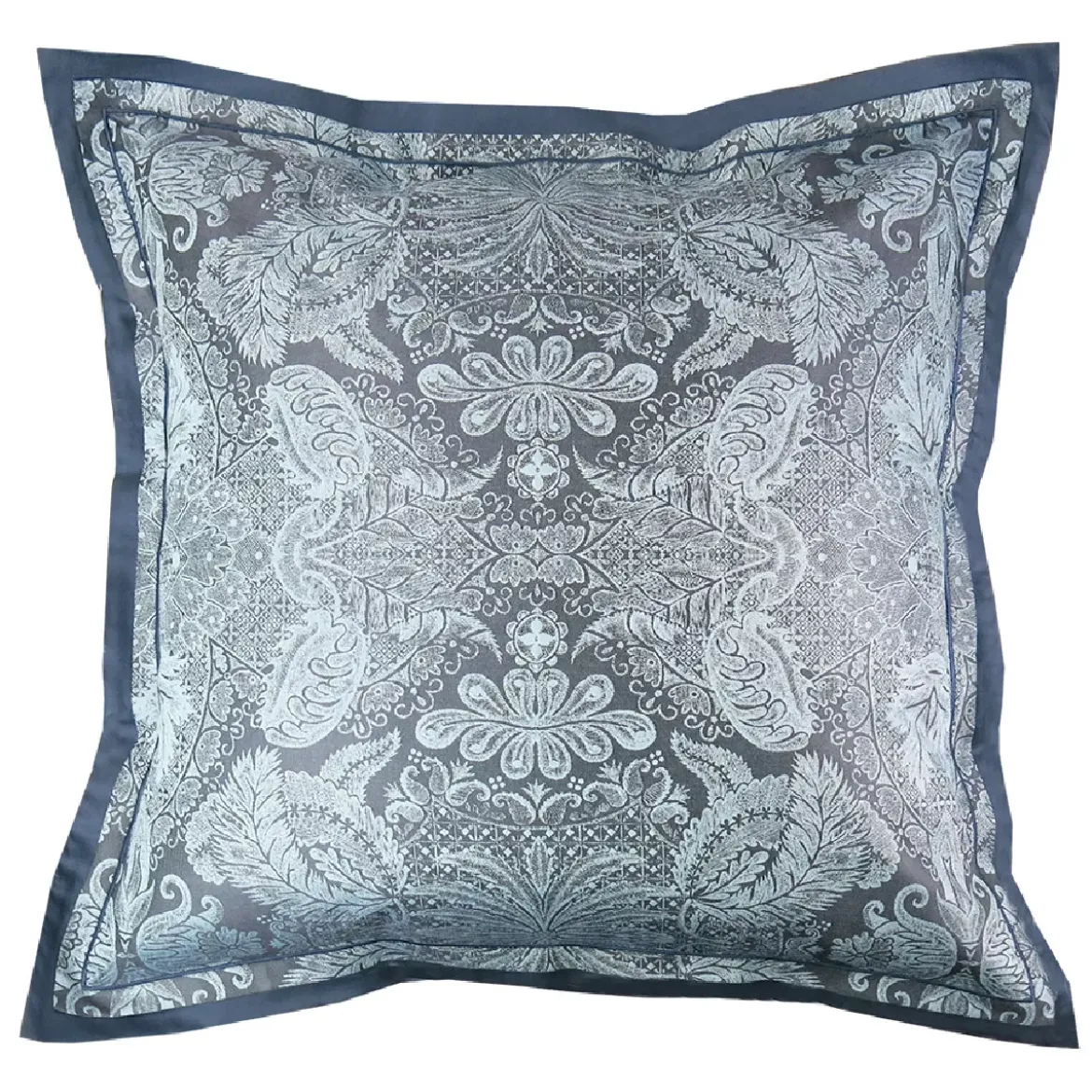 Taie d'oreiller satin de coton motif jacquard bleu Isaphire diamant noir