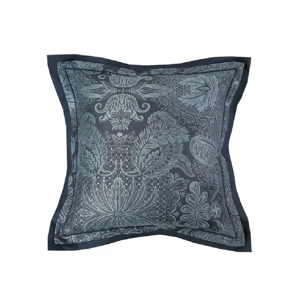 Taie d'oreiller satin de coton motif jacquard bleu Isaphire diamant noir