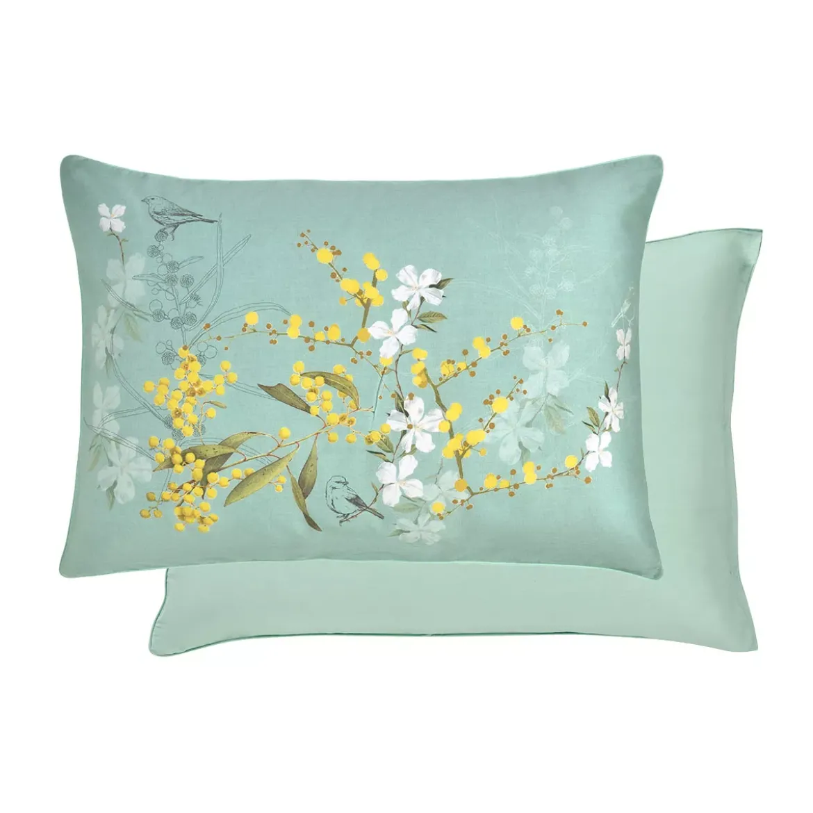 Taie d'oreiller satin de coton imprimé bleu Mimosas d'ete turquoise