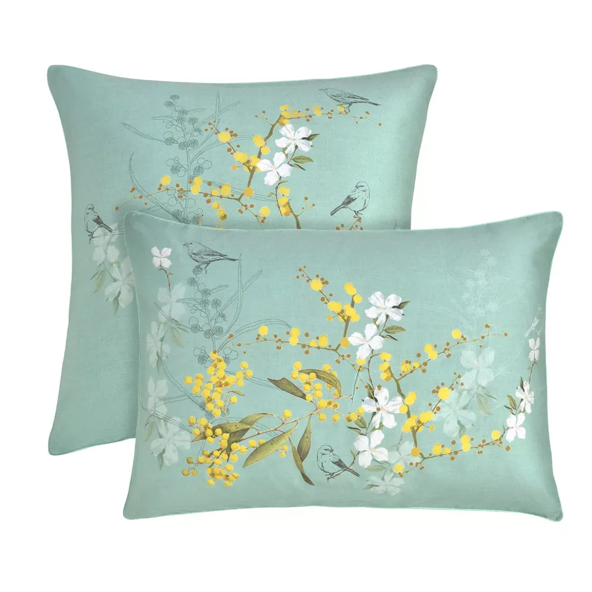Taie d'oreiller satin de coton imprimé bleu Mimosas d'ete turquoise