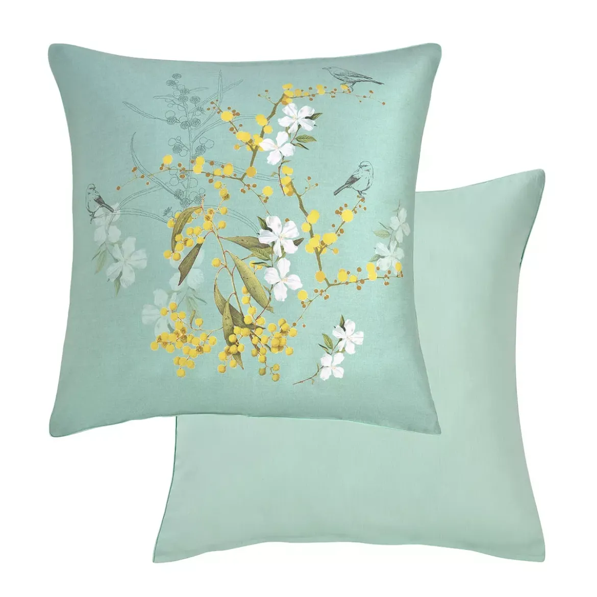 Taie d'oreiller satin de coton imprimé bleu Mimosas d'ete turquoise