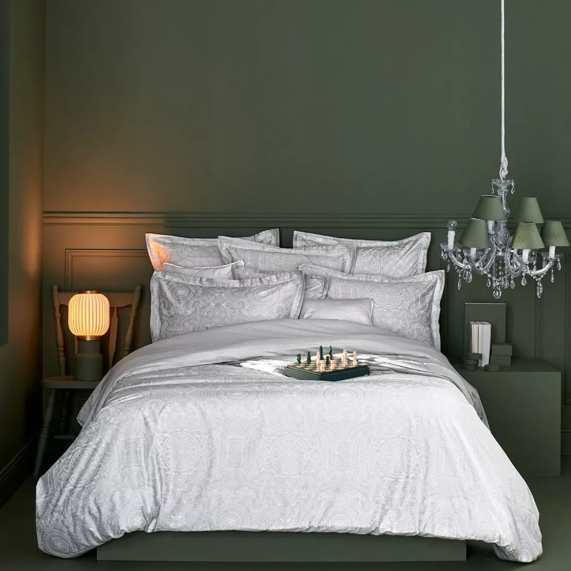 Taie d'oreiller satin de coton imprimé gris Nuits perses argent