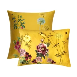 Taie d'oreiller satin de coton imprimé jaune Mesanges curry