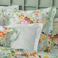 Taie d'oreiller satin de coton imprimé multicolore Primavera vert d'eau
