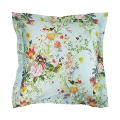 Taie d'oreiller satin de coton imprimé multicolore Primavera vert d'eau