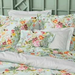 Taie d'oreiller satin de coton imprimé multicolore Primavera vert d'eau
