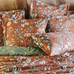 Taie d'oreiller satin de coton imprimé orange Fleurs d'oranger rouille
