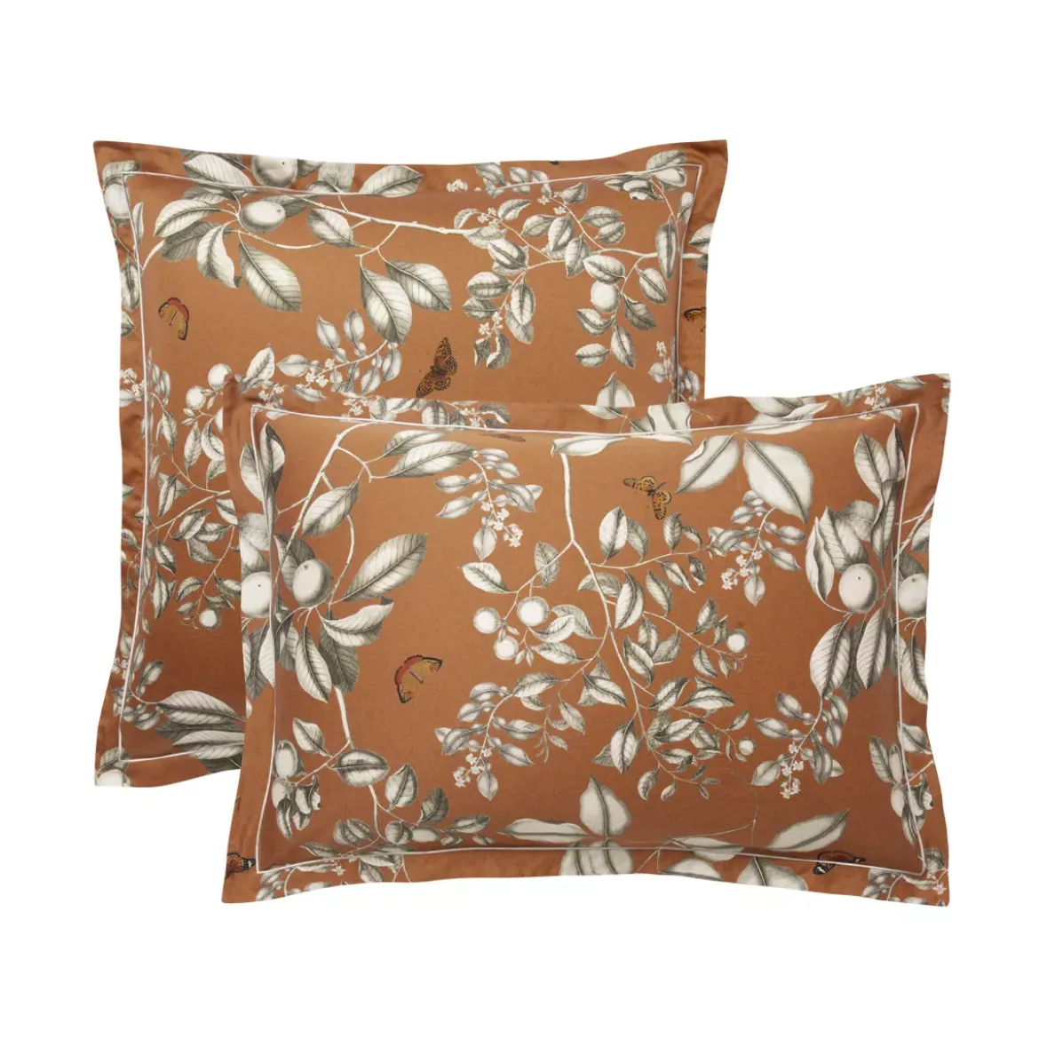 Taie d'oreiller satin de coton imprimé orange Fleurs d'oranger rouille