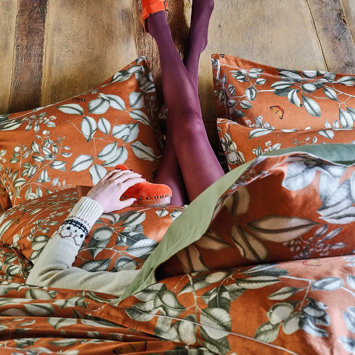 Taie d'oreiller satin de coton imprimé orange Fleurs d'oranger rouille