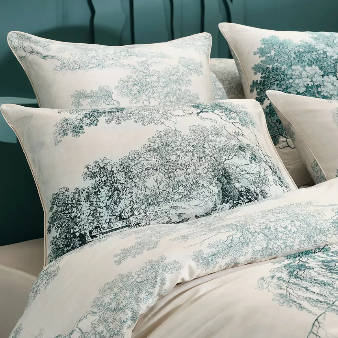 Taie d'oreiller satin de coton 115 g/m² imprimé bleu beige Utopie encre