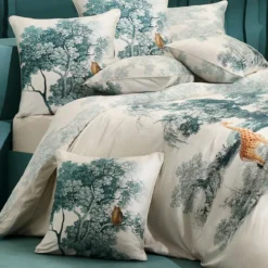 Taie d'oreiller satin de coton 115 g/m² imprimé bleu beige Utopie encre