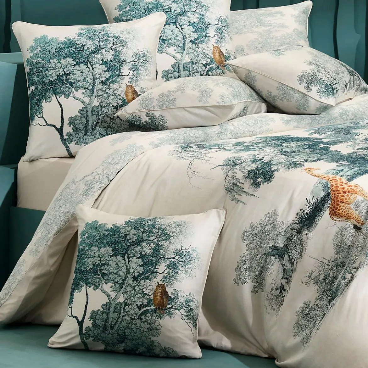 Taie d'oreiller satin de coton 115 g/m² imprimé bleu beige Utopie encre