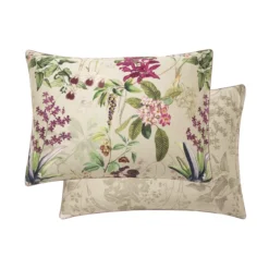 Taie d'oreiller satin de coton imprimé rose beige vert Parfum d'orchidee grege