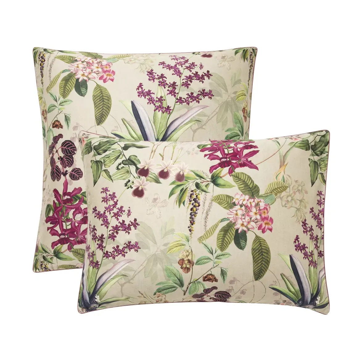 Taie d'oreiller satin de coton imprimé rose beige vert Parfum d'orchidee grege