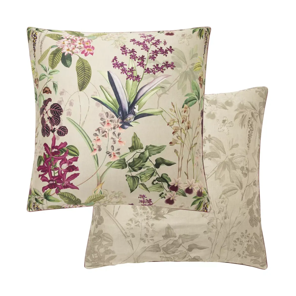 Taie d'oreiller satin de coton imprimé rose beige vert Parfum d'orchidee grege