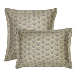 Taie d'oreiller satin de coton imprimé beige Eventails argile