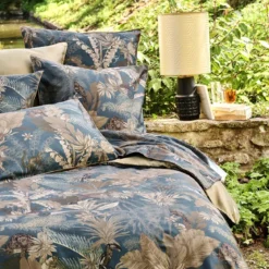 Taie d'oreiller satin de coton imprimé bleu marron Rainforest bleu dore