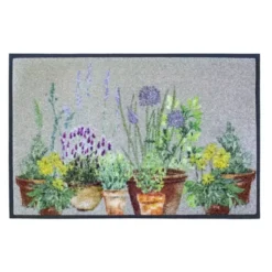 Tapis decor caoutchouc & nylon imprimé gris multicolore Aromates beige