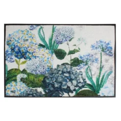 Tapis decor caoutchouc & nylon imprimé multicolore Hortensias bleu