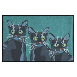 Tapis decor caoutchouc & nylon imprimé vert noir Trois chats canard