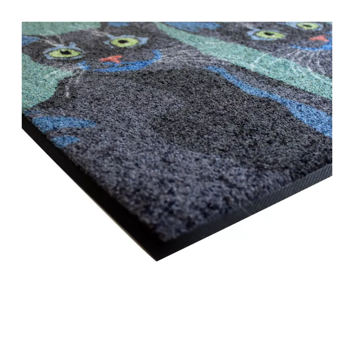 Tapis decor caoutchouc & nylon imprimé vert noir Trois chats canard