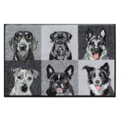 Tapis decor caoutchouc & nylon imprimé blanc noir Portraits de chiens noir et blanc