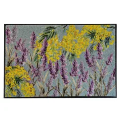 Tapis decor caoutchouc & nylon imprimé jaune violet Lavande et mimosas mauve
