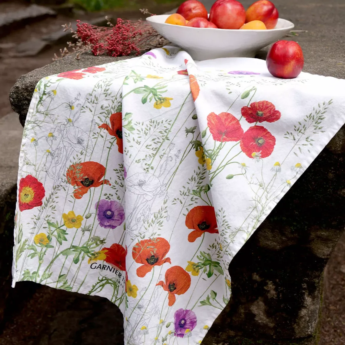 Torchon lin & coton lavé 190 g/m² imprimé rouge violet Les coquelicots violet