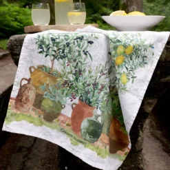 Torchon lin & coton lavé 190 g/m² imprimé vert marron Jardin provencal olive
