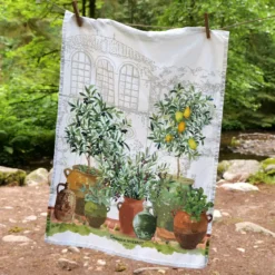 Torchon lin & coton lavé 190 g/m² imprimé vert marron Jardin provencal olive