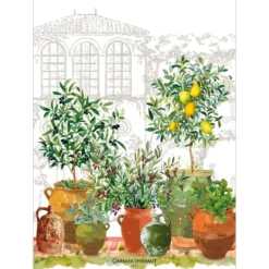 Torchon lin & coton lavé 190 g/m² imprimé vert marron Jardin provencal olive