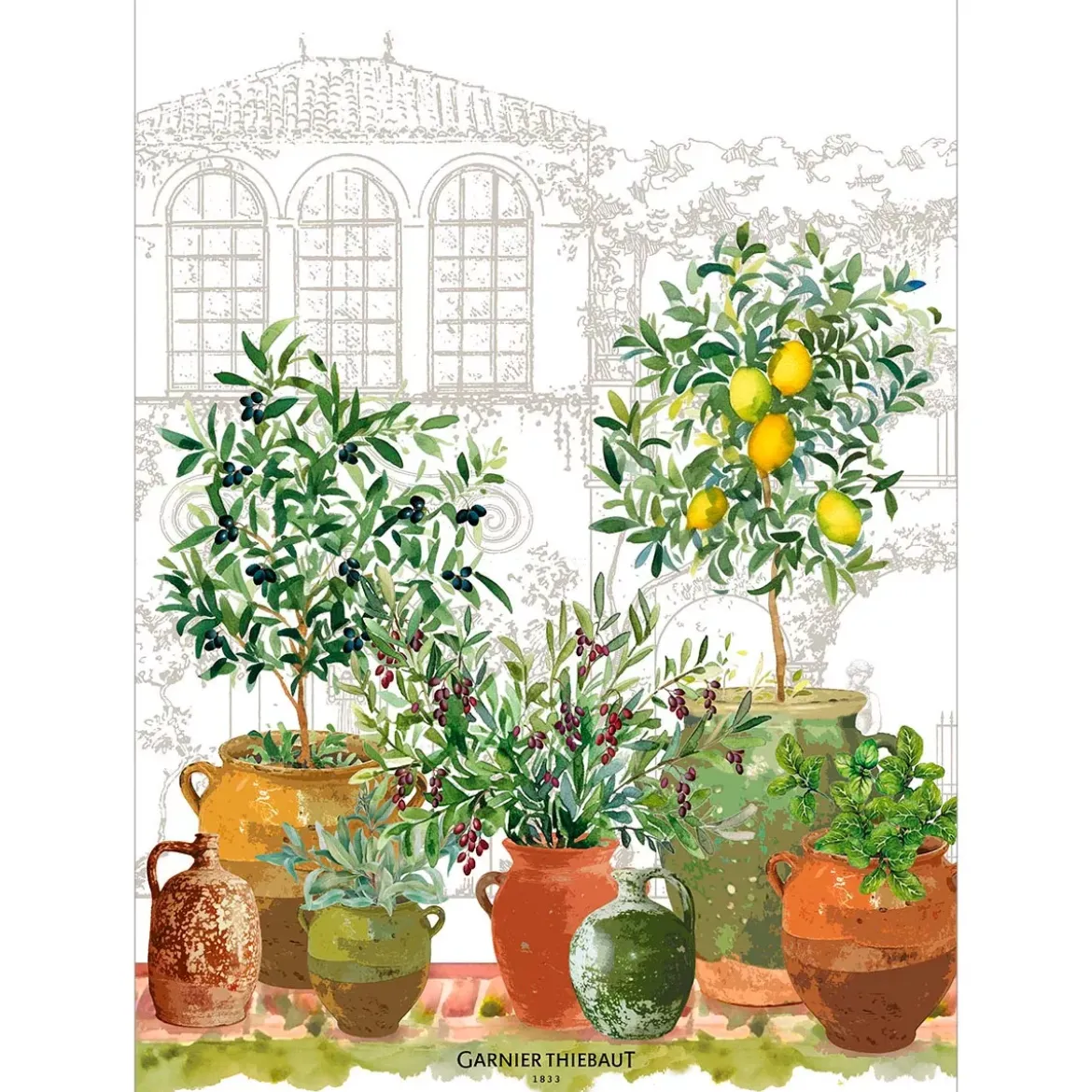 Torchon lin & coton lavé 190 g/m² imprimé vert marron Jardin provencal olive