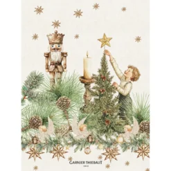 Torchon lin & coton lavé 190 g/m² imprimé jaune vert Noel vintage dore