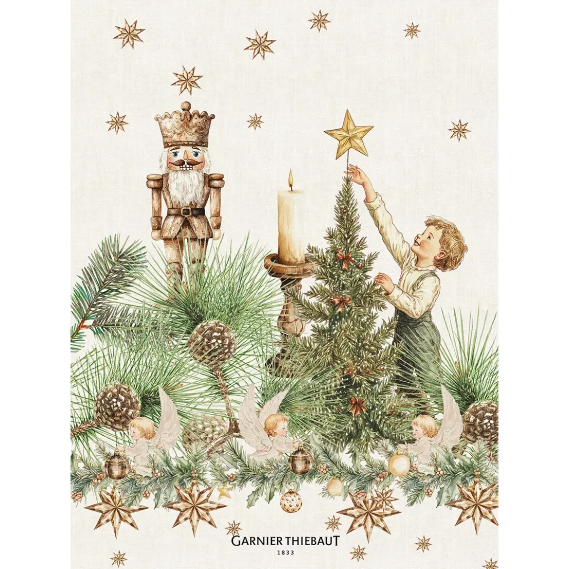 Torchon lin & coton lavé 190 g/m² imprimé jaune vert Noel vintage dore