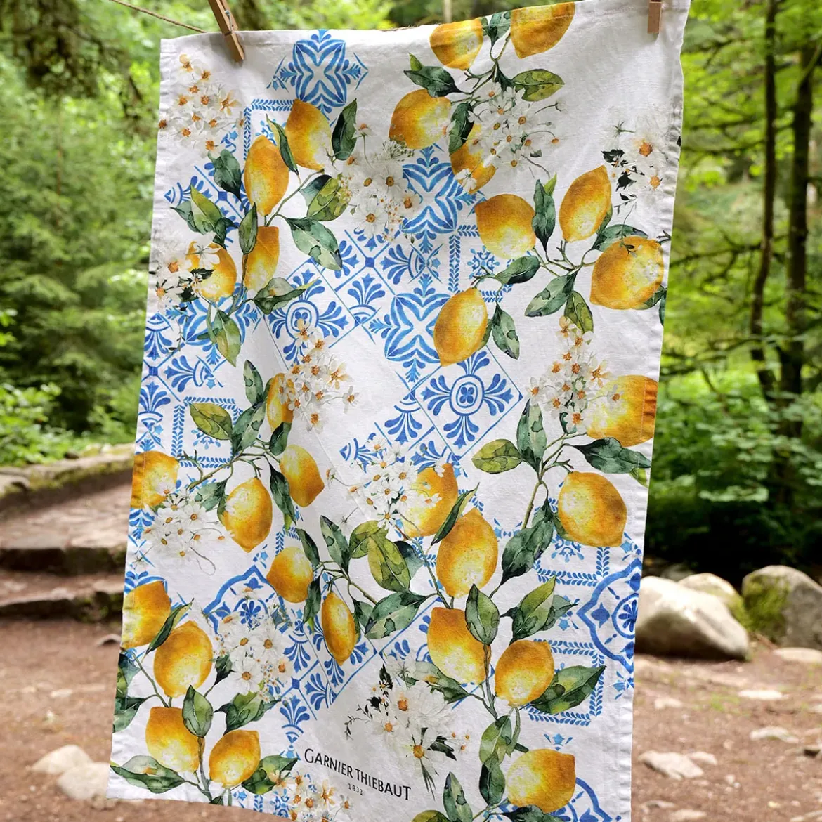 Torchon lin & coton lavé 190 g/m² imprimé bleu jaune Citrons azulejos bleu