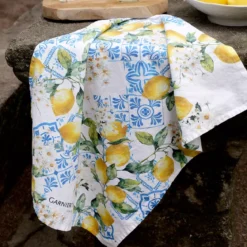 Torchon lin & coton lavé 190 g/m² imprimé bleu jaune Citrons azulejos bleu
