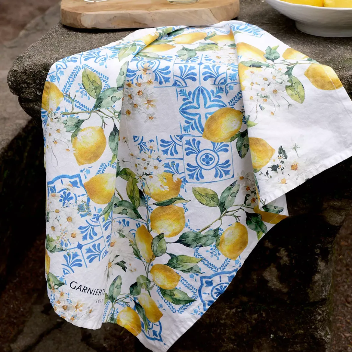 Torchon lin & coton lavé 190 g/m² imprimé bleu jaune Citrons azulejos bleu