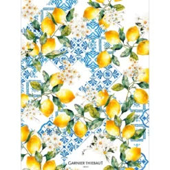 Torchon lin & coton lavé 190 g/m² imprimé bleu jaune Citrons azulejos bleu