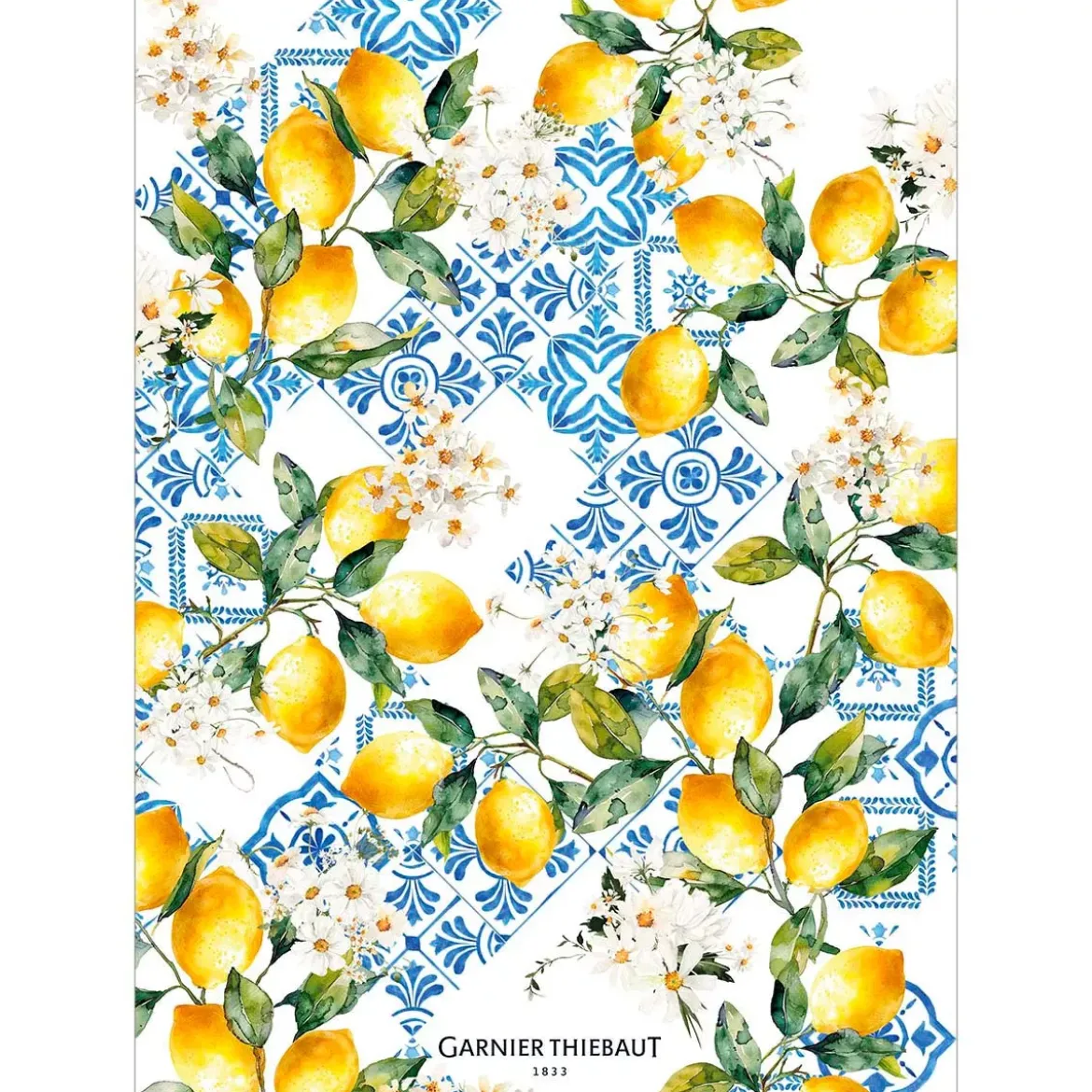 Torchon lin & coton lavé 190 g/m² imprimé bleu jaune Citrons azulejos bleu