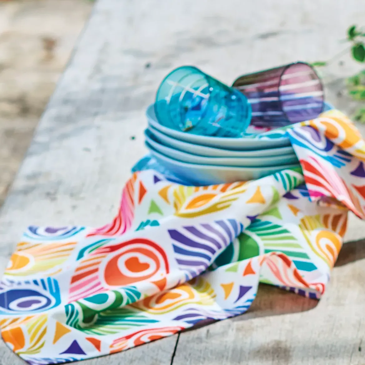 Torchon pur coton imprimé multicolore Mille peacock summer