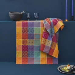 Torchon pur coton motif jacquard orange violet Mille hana floralies