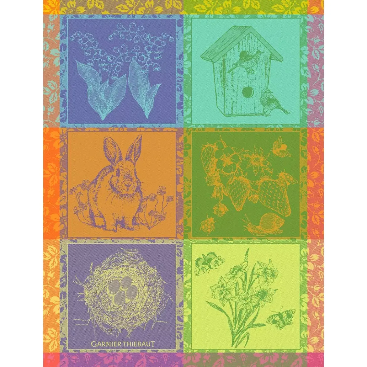 Torchon pur coton motif jacquard multicolore Hello spring prairie