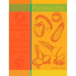 Torchon pur coton motif jacquard jaune orange Ratatouille cuivre