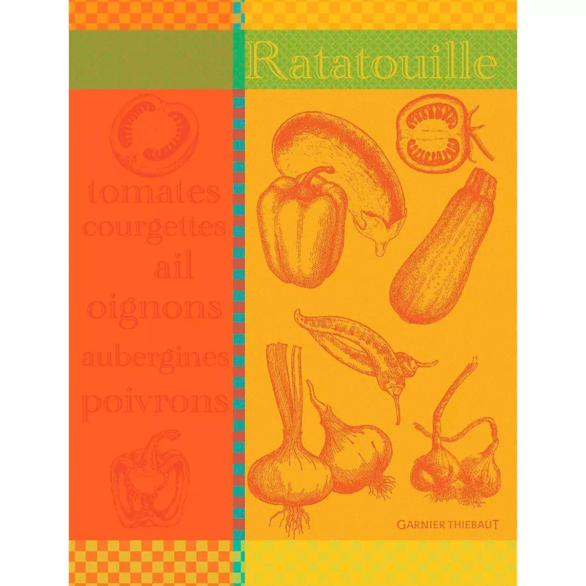 Torchon pur coton motif jacquard jaune orange Ratatouille cuivre