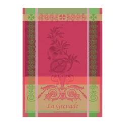 Torchon pur coton motif jacquard rose vert Grenade rose