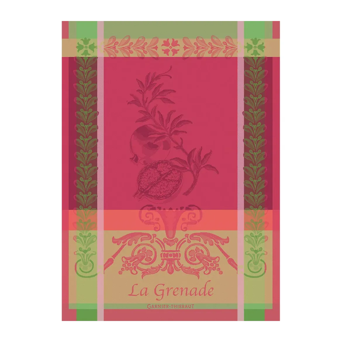 Torchon pur coton motif jacquard rose vert Grenade rose