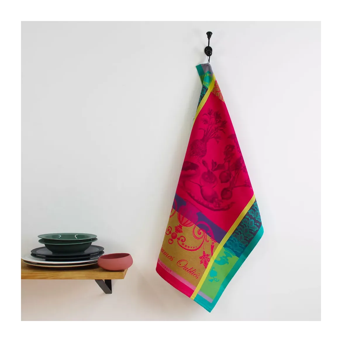 Torchon pur coton motif jacquard rose Legumes oublies fuchsia