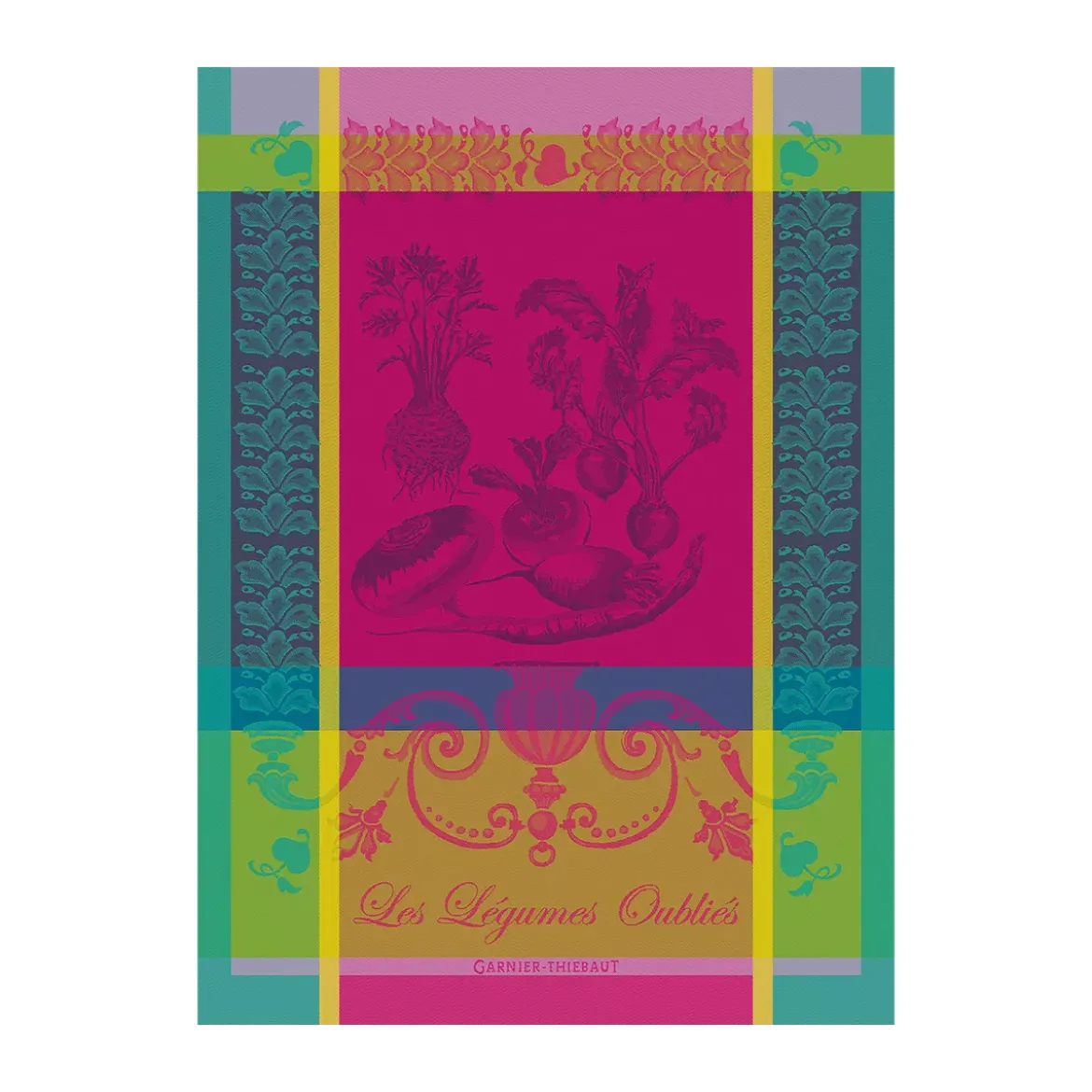Torchon pur coton motif jacquard rose Legumes oublies fuchsia